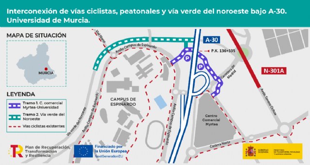 Transportes adjudica por 1,1 millones de euros las obras para conectar las vías ciclistas y peatonales a su paso por la autovía A-30 en Murcia - 1, Foto 1