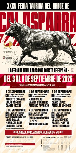 La XXXV Feria Taurina del Arroz de Calasparra presenta el cartel de la feria de novilladas más torista de España La XXXV Feria Taurina del Arroz de Calasparra presenta el cartel de la feria de novilladas más torista de España