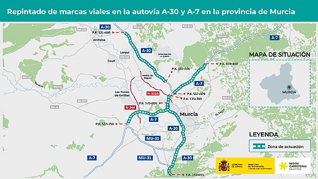 Transportes licita por 1,5 millones de euros el repintado de las autovías A-30 y A-7 a su paso por Lorquí, Molina de Segura y Murcia - 1, Foto 1