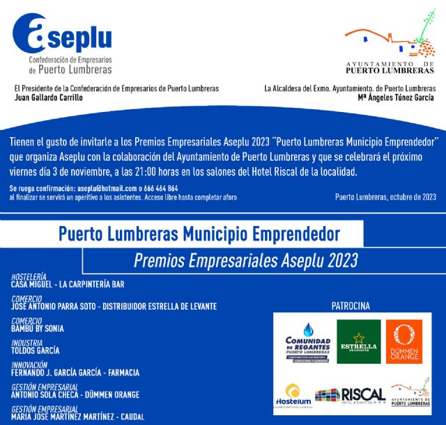 La Confederación de Empresarios de Puerto Lumbreras celebrará los Premios Empresariales Aseplu 2023 este viernes - 1, Foto 1