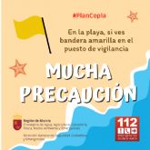 Bandera amarilla de precaucin en 19 puestos de vigilancia de playas de guilas, Cartagena, Lorca, Mazarrn y San Javier