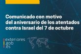 El Gobierno reitera su condena de los atentados del 7 de octubre contra Israel en el aniversario del ataque