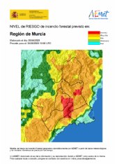 El nivel de riesgo de incendio forestal previsto para hoy lunes en Cieza es muy alto